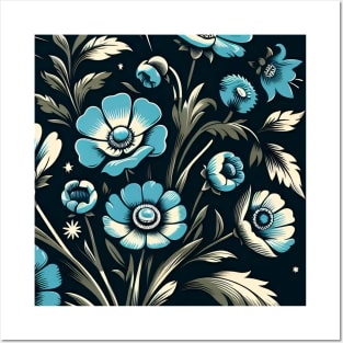 Sky Blue Floral Illustration Posters and Art
